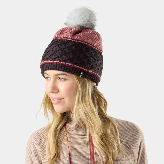 Cable Knit Colorblock Pom Beanie